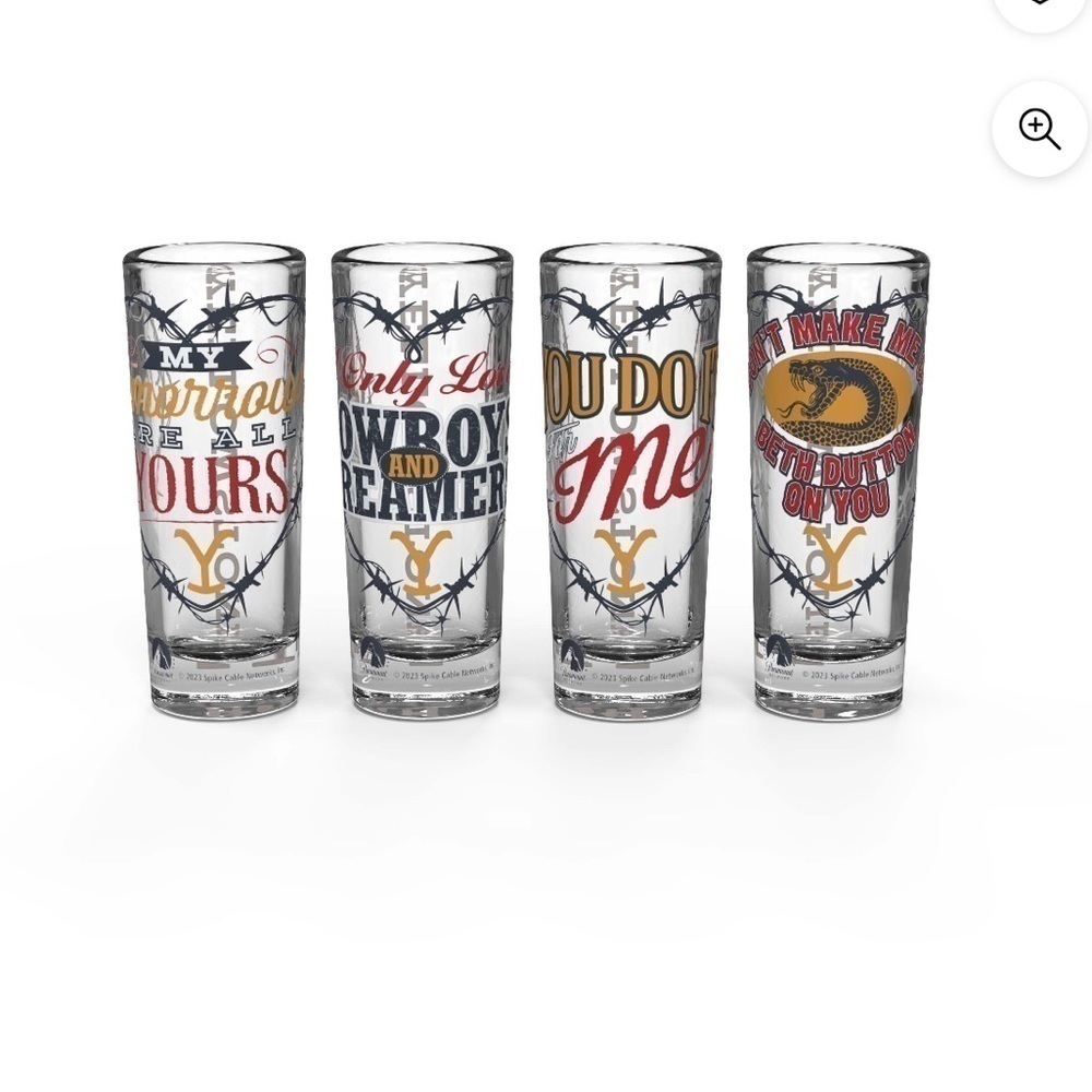 ****Donated***YELLOWSTONE set of 4 Valentine graphic shot glasses 2 ozs each